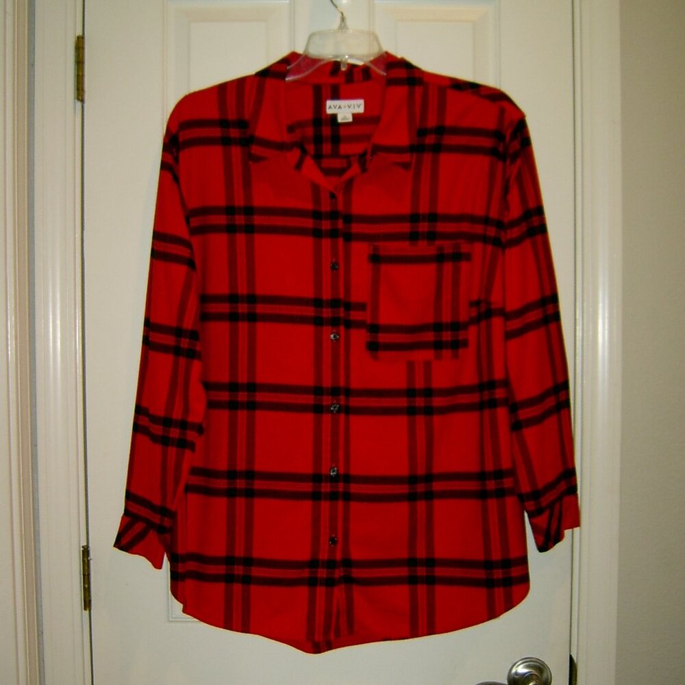 Ava & Viv Womens Red & Black Plaid Button-Up Long Sleeve Shirt Size 1X